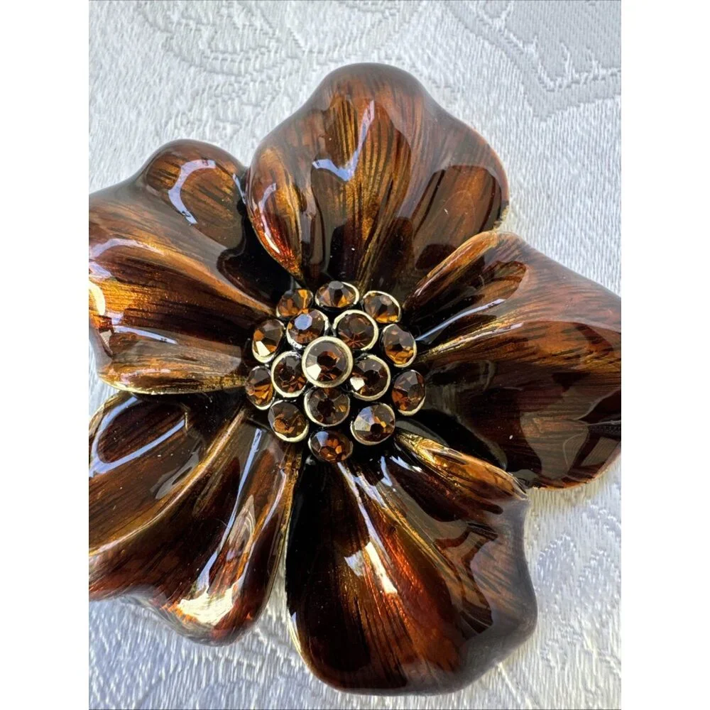 Cara New York Brooch Steampunk Bronze Flower Rhinestone Center NEW
